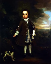 Portret van een kleine jongen met een spaniël en een papegaai