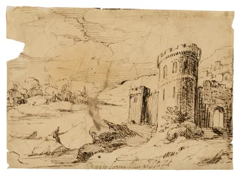 Een rivierlandschap met een visser bij een kasteel