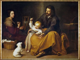 De Heilige Familie met een vogeltje (schilderij op doek)