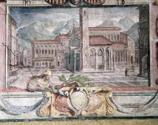 Slaapkamer, detail van fries met steden onder Medici-heerschappij, Pistoia (detail)