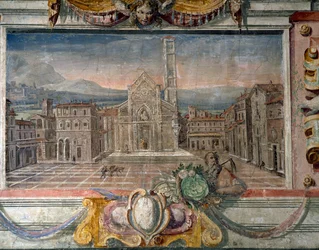 Slaapkamer, detail van fries met steden onder Medici-heerschappij, mogelijk Lucca (detail)