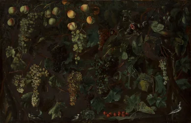 Druivenranken en fruit, met drie kwikstaarten, ca. 1615-18
