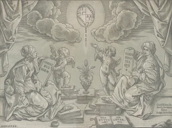 Allegorie van een Stelling, twee vrouwen houden beschreven tabletten, 1640