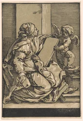 Sibille die een tablet vasthoudt met een gevleugelde putto