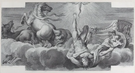 Plaat 34: Auriga, de wagenmenner, valt uit de wagen in het midden, met drie paarden, 1756