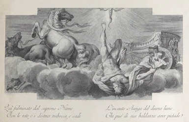 Plaat 34: Auriga, de wagenmenner, valt uit de wagen in het midden, met drie paarden aan l..., 1756