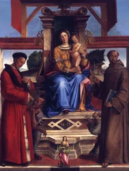 De troonende Maria met het Kind, de heiligen Homobonus, Franciscus van Assisi, Catharina van Alexandrië en de schenker Bernadino da Feltre (overleden in 1494)