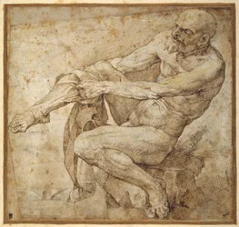 Naakte man die aan zijn kous trekt, naar Marcantonio Raimondi en Michelangelo Buonarroti