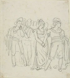 Brigand Chief Tegengehouden door een vrouw (recto); Schets van twee figuren in een landschap (verso)