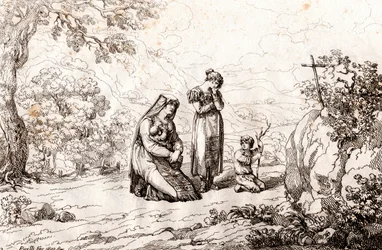 Ciociara vrouw die bidt voor het kruis waar haar man werd gedood, ets