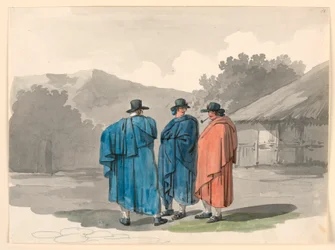 Tekening, Een groep van drie boeren in een dorp, 1807-08