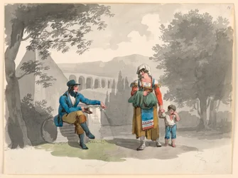 Tekening, Een vrouw die een jongen met haar hand vasthoudt en een heer passeert die tussen ruïnes in de Campagna zit, 1807