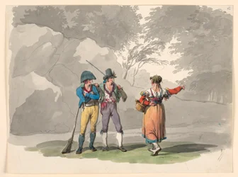 Tekening, Een vrouw en twee mannen met geweren. Kostuums van het Koninkrijk Napels, 1807-08