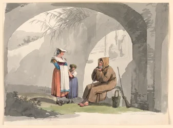 Tekening, Twee meisjes uit Frascati bezoeken een kluizenaar, 1807