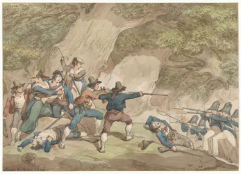 Gendarmes van het Koninkrijk Napels in gevecht met de Calabriërs, illustratie voor Romeinse kostuums en gebruiken