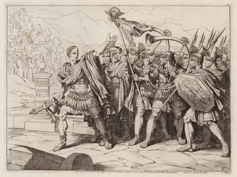 Julius Caesar steekt de Rubicon over, 49 v.Chr. (ets)