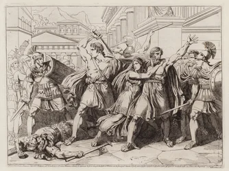 Philodamus en zijn zoon verdedigen de dochter van Philodamus tegen ontvoering door Gaius Verres (ets)