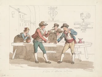 Het morraspel spelen in een Romeinse osteria, illustratie voor Romeinse kostuums en gebruiken