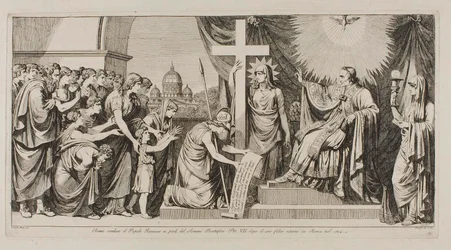 Rome leidt het Romeinse volk naar Pius VII na zijn terugkeer naar Rome in 1814