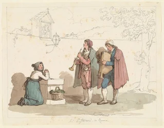 De doedelzakspeler en de fluitspeler in Rome, illustratie voor Romeinse kostuums en gebruiken