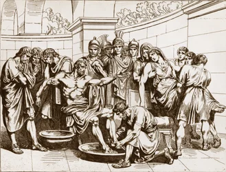 De Romeinse filosoof Seneca (Lucius Annaeus Seneca, 4 v.Chr.-65 n.Chr.), beschuldigd van deelname aan een samenzwering tegen Keizer Nero, werd bevolen zelfmoord te plegen - gravure door Bartolomeo Pinelli - Dood van Seneca, gravure door Bartolomeo Pinelli 
