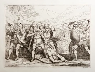 Valerius Corvus heeft in een tweegevecht een Gallische soldaat van reusachtige gestalte gedood; terwijl hij hem wil ontkleden, snellen de Galliërs, die zich niet kunnen bedwingen, toe om hem te wreken, maar worden volledig verslagen door de Romeinen