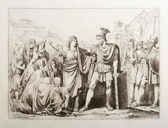 Veturia ontwapent haar zoon Coriolanus en bevrijdt Rome van groot gevaar
