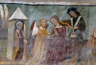 Allegorische scène, detail uit de cyclus die de Cavalcade van Ondeugden en Deugden afbeeldt, ca. 1490, door Bartolomeo Serra en Sebastiano Serra, fresco, St. Stephen