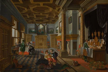 Renaissance Interieur met Feestgangers, circa 1618-1622