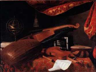 Stilleven met muziekinstrumenten (Viool, luit en spinet en armillairsfeer) - Schilderij door Bartolomeo Bettera (1639-1722), circa 1660