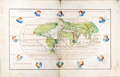 Ovale planisfeer van de wereld met de route van Magellan