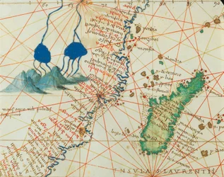 De Indische Oceaan en een deel van Azië en Afrika: bron van de Nijl en Madagaskar, uit Atlas van de Wereld in drieëndertig Kaarten, door Battista Agnese