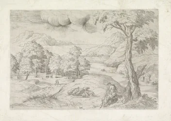Panoramisch landschap met ruïnes, een stad en reizigers
