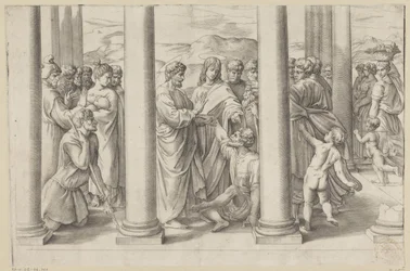 De heilige Petrus en Johannes genezen een lamme in een tempel