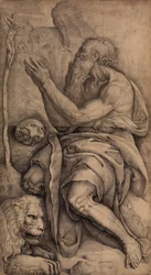 Sint Hiëronymus knielend voor een kruisbeeld, met een schedel en leeuw, ca. 1550-60