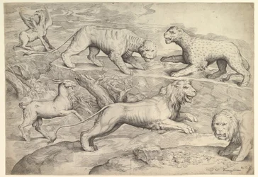 Zes dieren, waaronder leeuwen, een tijger, een luipaard, een griffioen en een geit, ca. 1530-61