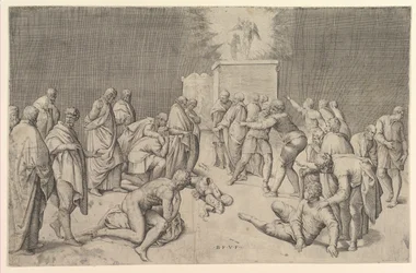 De Filistijnen plaatsen de Ark van het Verbond in de Tempel van Dagon, ca. 1540