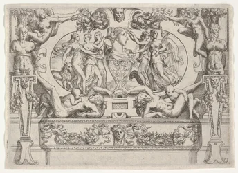 Buste van een vrouw geflankeerd door drie vrouwen aan elke kant, binnen een uitgebreid kader, ca. 1540-80