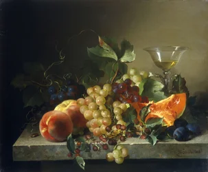 Een stilleven met fruit op een stenen richel, 1858
