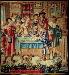 Gordijn met een voorstelling van de vrije kunsten: Rekenkunde. Wandtapijt van wol en zijde, rond 1520 vervaardigd in Doornik. Afmetingen 3,1 x 2,9 m. Parijs, Nationaal Museum van de Middeleeuwen, thermen van Cluny