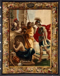 Diogene en Alexander: ontmoeting tussen de Griekse filosoof Diogene de Sinope (413-327 v.Chr.) in zijn ton en koning Alexander de Grote (356-323 v.Chr.) in Korinthe. Toen de veroveraar hem vroeg wat hij wilde, antwoordde Diogene: "Neem een beetje van mijn 