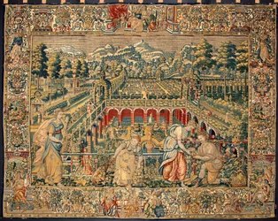 Scène van fruitoogst. Wandtapijt van de manufacturen van Brussel. 16e eeuw Genua, Musei di Strada Nuova