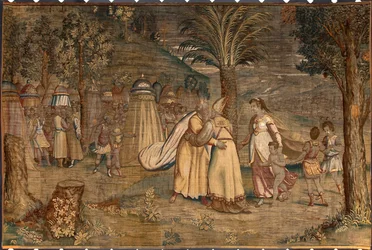 Jethro vergezeld door zijn dochter Sephora en zijn kinderen ontmoette Mozes Wandtapijt door Dionys Martensz naar de kartons van Luca Cambiaso (1527-1584) geproduceerd door de fabrieken van Brussel
