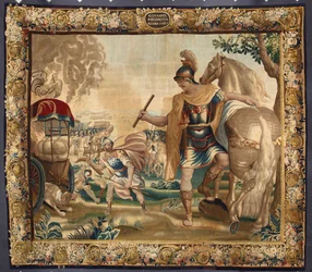 Koning Alexander de Grote (356-323 v.Chr.) verbrandde alle onnodige bagage voor zijn reis naar India. Tapijt gemaakt in de manufacturen van Brussel. 16e eeuw Genes, Musei di Strada Nuova