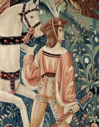 Middeleeuwen: het vertrek te paard voor de valkenjacht. Detail van een wandtapijt van zijde en wol uit het begin van de 16e eeuw. Uit Henegouwen. Parijs, Nationaal Museum van de Middeleeuwen, Thermen van Cluny