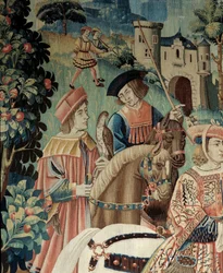 Middeleeuwen: het begin van de valkenjacht te paard. Detail van een zijde- en wolwandtapijt uit het begin van de 16e eeuw. Uit Henegouwen. Parijs, Nationaal Museum van de Middeleeuwen, Thermen van Cluny