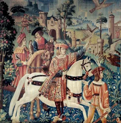 Middeleeuwen: vertrek voor de valkenjacht te paard. Wandtapijt van zijde en wol uit het begin van de 16e eeuw. Uit Henegouwen. Parijs, Nationaal Museum van de Middeleeuwen, Thermes de Cluny