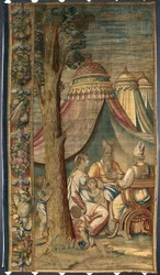 Mozes met Jethro en Sephora Wandtapijt door Dionys Martensz naar de kartons van Luca Cambiaso (1527-1584) gemaakt in de fabrieken van Brussel 1561-1564 Dim. 391x141,2 cm Genua, Musei di Strada Nuova