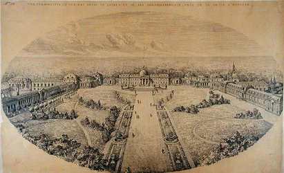 Perspectiefweergave van het Koninklijk Paleis in Laken en de uitbreidingen door de architect Charles Louis Girault (1851-1932)