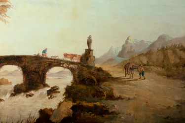 Tweede achterkamer achteraan, vergaderzaal, muurschilderingen met landelijke scènes in klassieke stijl, waarschijnlijk rond 1810, scène 1